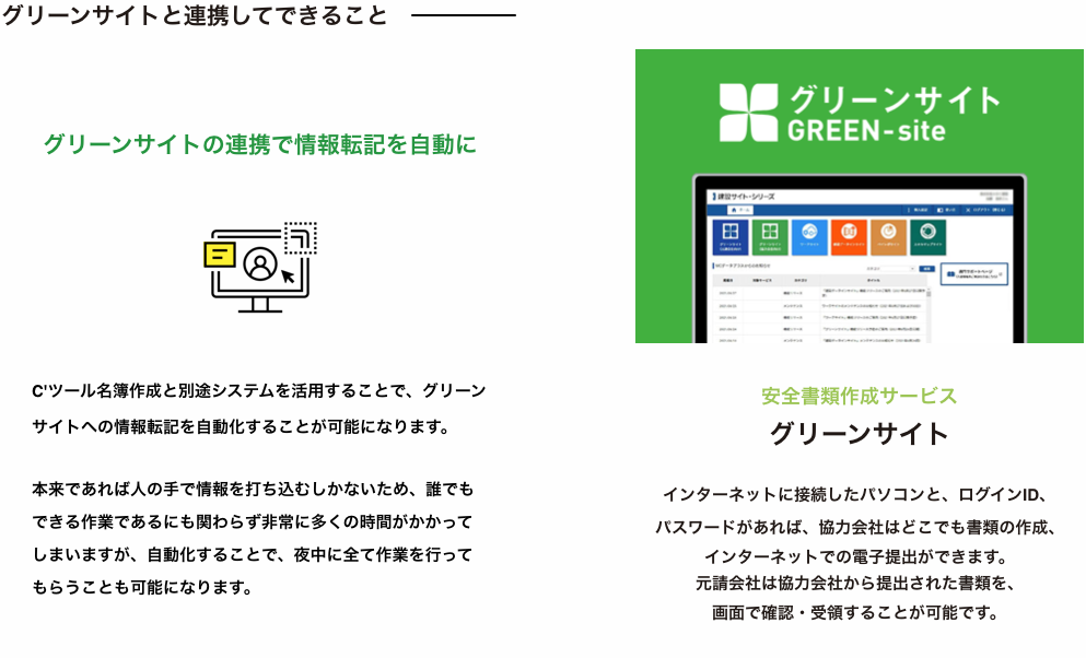 グリーンサイトと連携してできること グリーンサイト GREEN-site グリーンサイトの連携で情報転記を自動に 7 Cツール名簿作成と別途システムを活用することで、グリーン サイトへの情報転記を自動化することが可能になります。 安全書類作成サービス グリーンサイト 本来であれば人の手で情報を打ち込むしかないため、誰でも できる作業であるにも関わらず非常に多くの時間がかかって しまいますが、自動化することで、夜中に全て作業を行って もらうことも可能になります。 インターネットに接続したパソコンと、ログインID、 パスワードがあれば、協力会社はどこでも書類の作成、 インターネットでの電子提出ができます。 元請会社は協力会社から提出された書類を、 画面で確認・受領することが可能です。